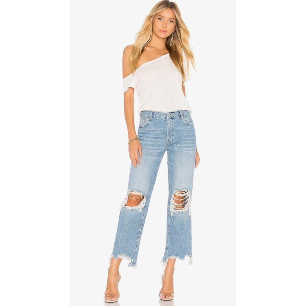 Free People Maggie Straight Leg Mid Rise Distressed Denim Jeans